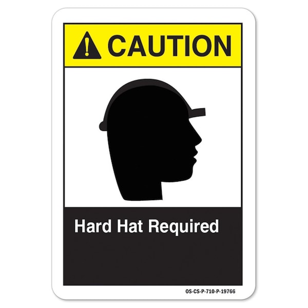 ANSI Caution Sign, Hard Hat Required, 14in X 10in Aluminum, 14" W, 10" H, Landscape